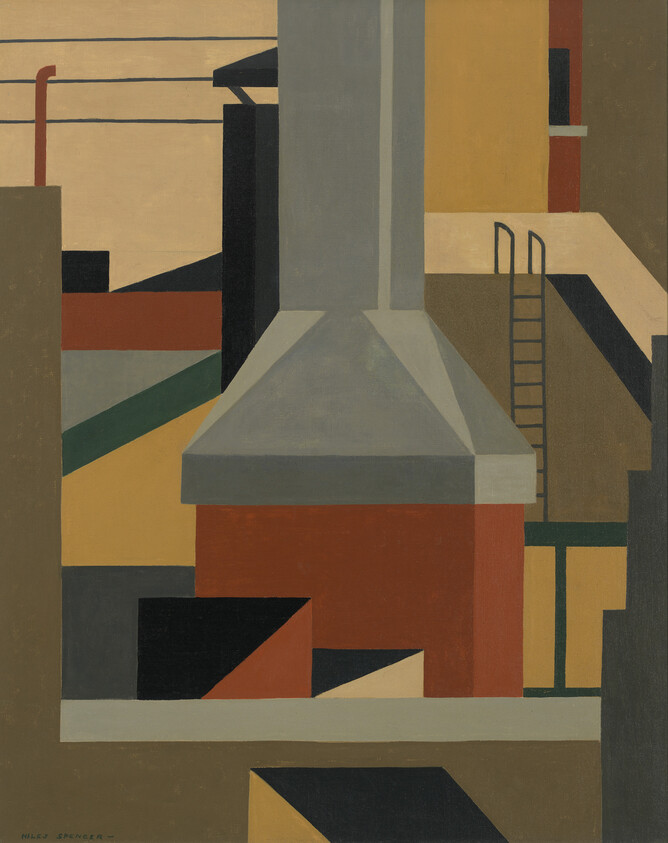 Geometric rooftop scene showing a large central chimney, surrounding roofs, and a ladder.