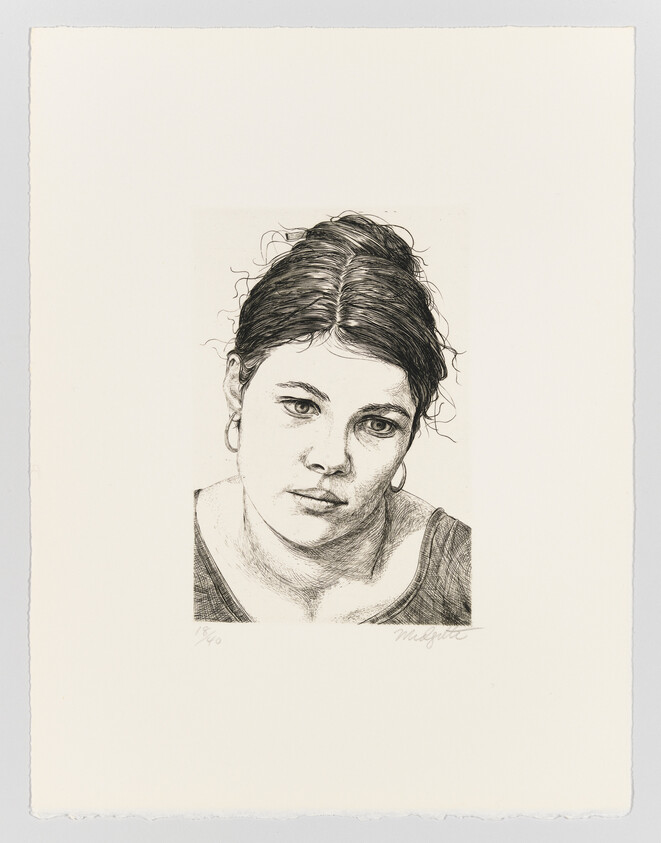 A detailed black and white etching of a young woman with her hair pulled back, looking directly at the viewer. The artwork is signed and numbered at the bottom, indicating it's part of a limited series. The image is centered on a white background with ample border space.