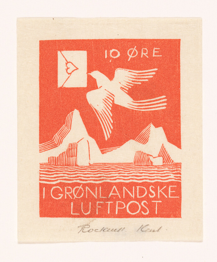 A vintage red and white postage stamp design featuring a stylized bird in flight over mountainous terrain, with the text "10 ØRE I GRØNLANDSKE LUFTPOST" and a signature at the bottom.