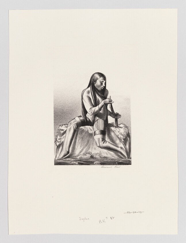 A black and white illustration of a seated Native American woman in traditional attire, holding a bird. The artwork is detailed and realistic, with the woman's hair flowing down her back and her gaze focused on the bird in her hands. The image is centered on a white background with artist signatures and dates at the bottom.