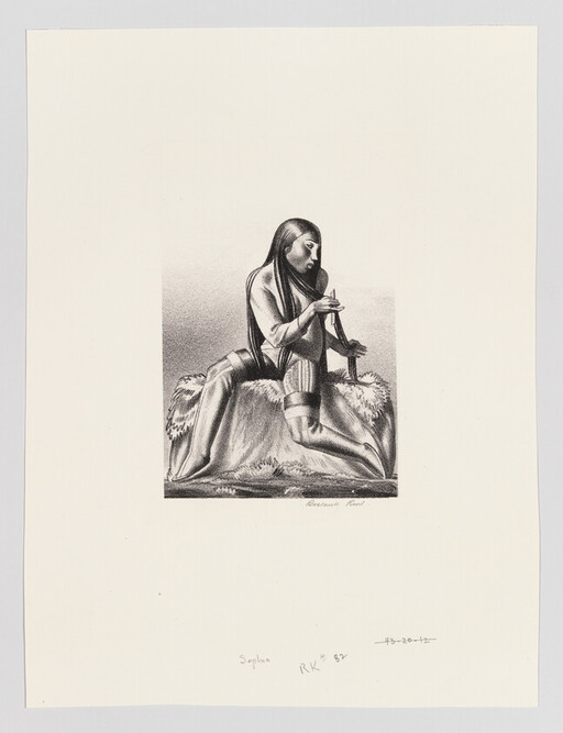 A seated Native woman braiding her long hair while resting on an animal fur.