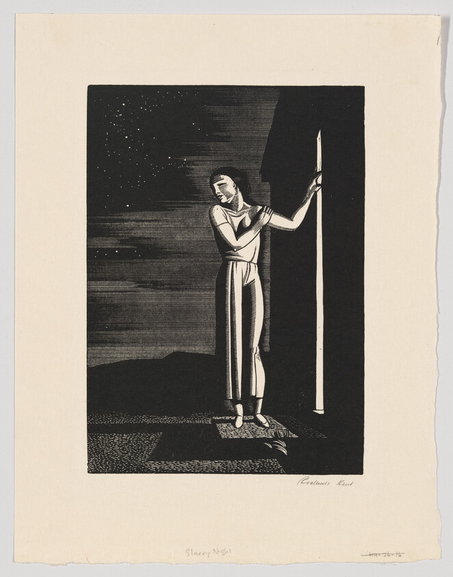 A black and white print depicting a solitary figure standing in a dark landscape at night, holding a long staff. The figure is gazing upwards towards a sky filled with stars. The bottom of the image includes handwritten text "Starry Night" and a signature.