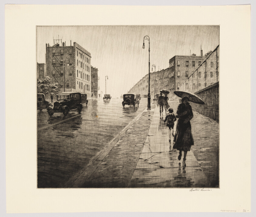 People walk with umbrellas along a wet city sidewalk past vintage cars in the rain.
