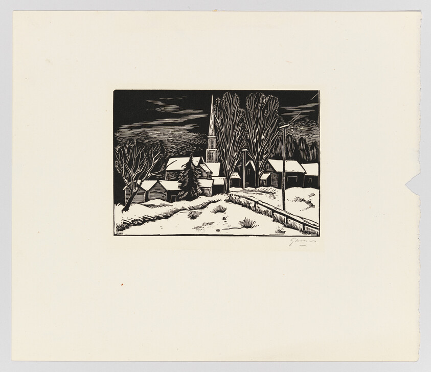 A small snowy village with a tall church steeple, bare trees, and a snow-covered road.