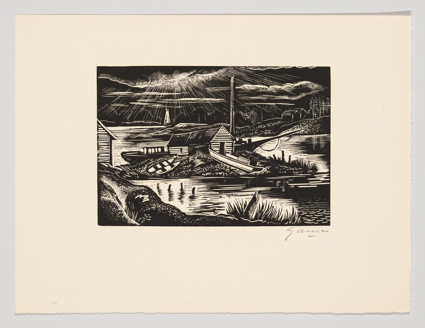 A black and white woodcut print depicting a serene riverside scene with buildings, a dock, and boats. The artwork features strong contrasts and detailed textures, capturing the reflection of the structures in the water and the dynamic sky above. The artist's signature is visible in the lower right corner.