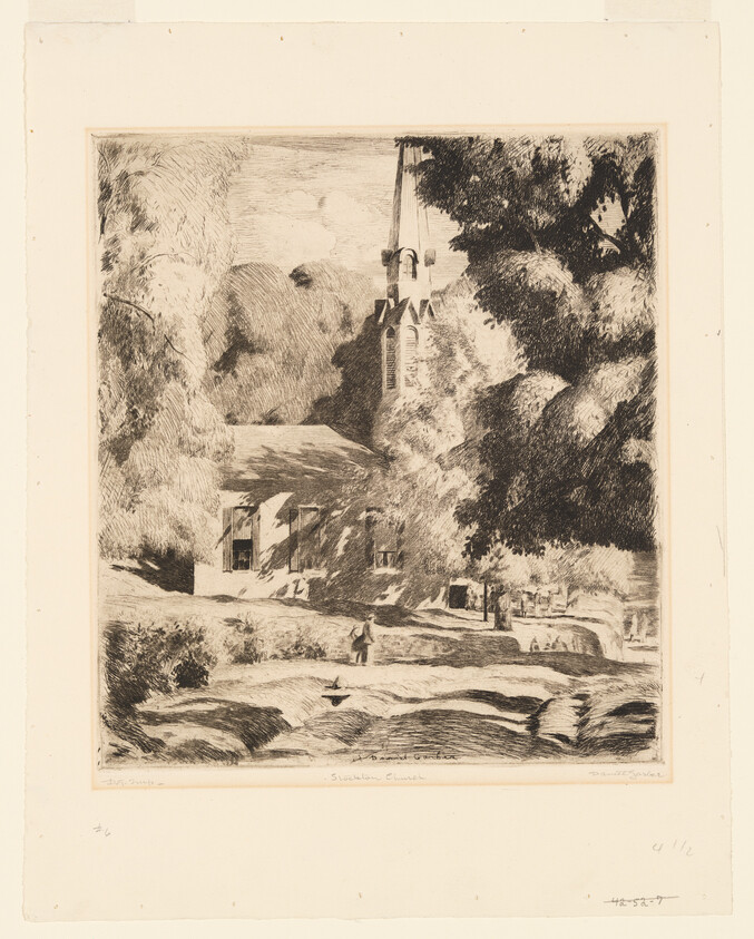 An etching depicting a rural scene with a church spire rising above trees in the background. In the foreground, there's a path leading towards the church, flanked by dense foliage and a small figure walking. The etching has a textured appearance with areas of light and shadow, creating a serene atmosphere. There are handwritten inscriptions at the bottom, including the title "Sketches at Grez," an edition number, and a signature.