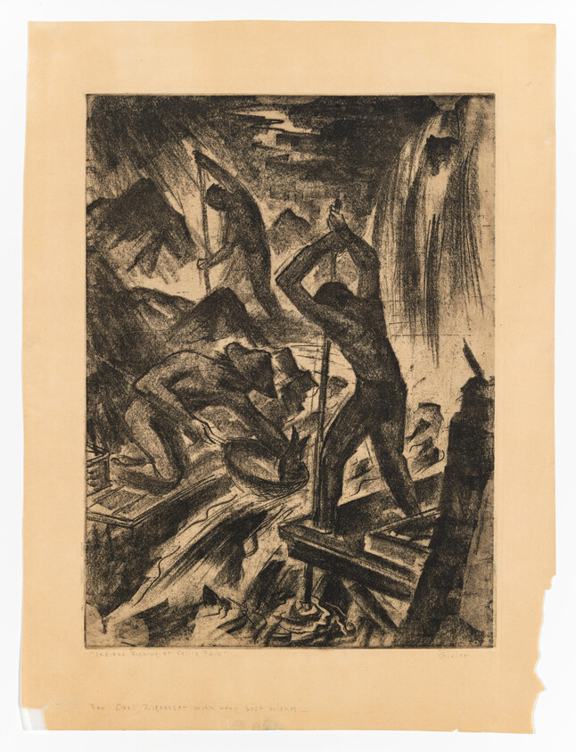 Three men use poles and tools to work on a rough river raft under a dark sky.