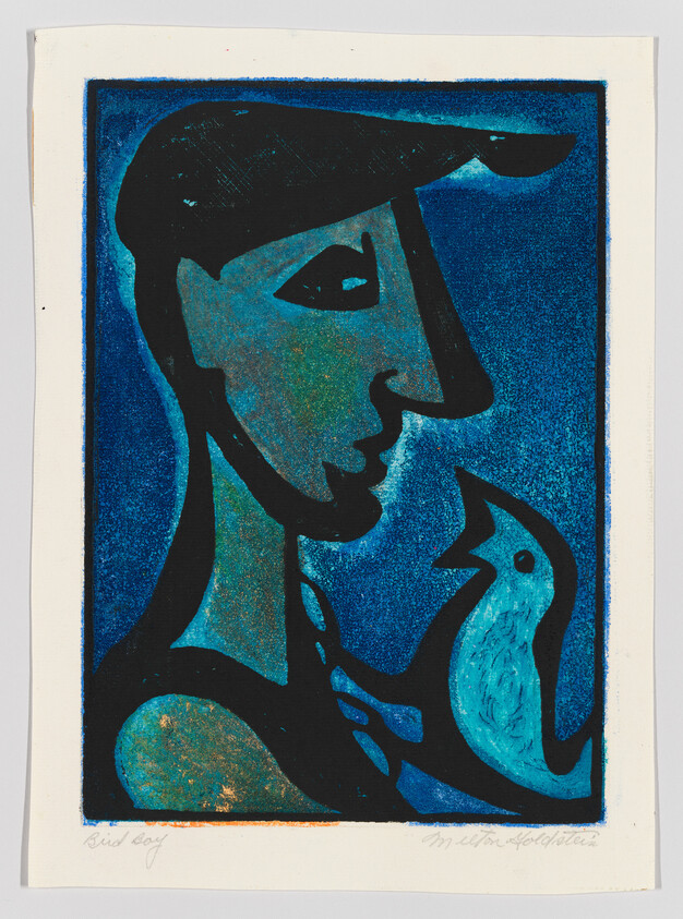 Stylized blue portrait of a person in profile holding a small bird near their chest.