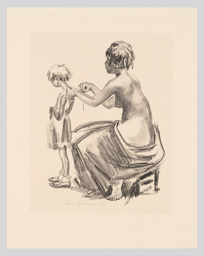 A seated woman braids a young girl's hair while the child stands patiently.