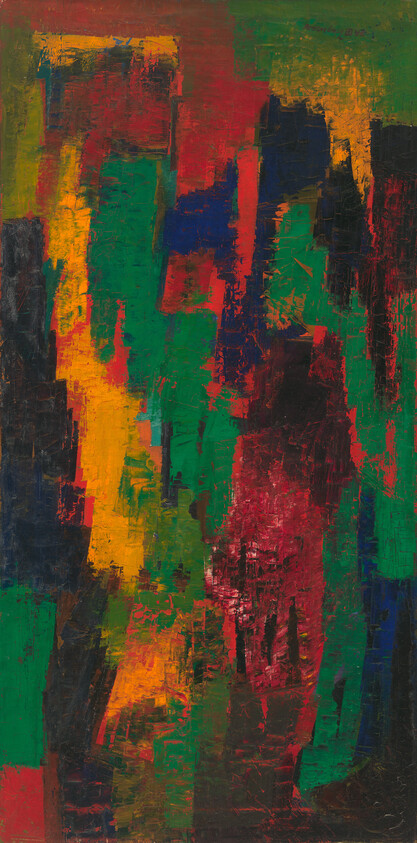 Abstract painting with bold vertical strokes of green, red, yellow, and blue.