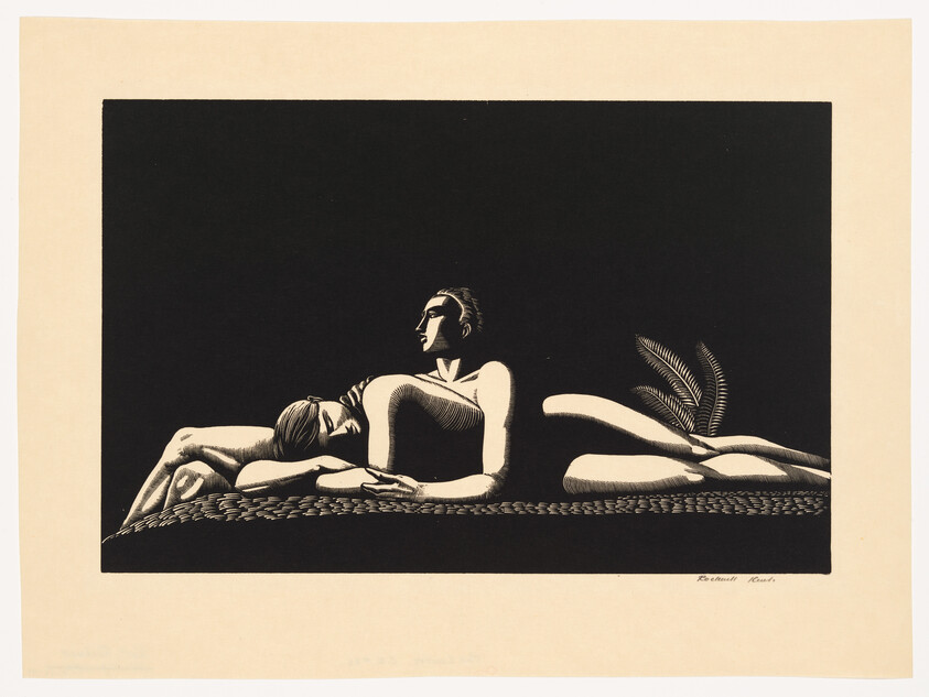A stylized black and white artwork depicting two figures lounging on a woven mat, with one figure sitting upright and the other lying down, both with exaggerated, elegant features and a single fern-like plant to the right. The image has a strong contrast between the dark background and the light figures, and is signed by the artist in the lower right corner.