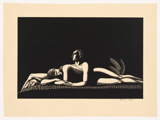 Two stylized figures recline on a woven mat, one resting their head on the other's arm.
