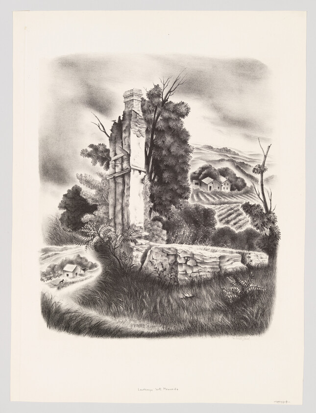 A tall ruined stone chimney stands among trees and overgrown grass with farmhouses in the distance.