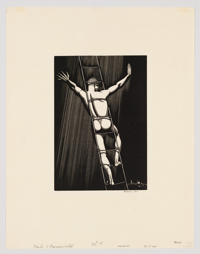 A black and white print depicting a stylized figure of a man with arms raised and tied to a ladder, set against a dark background with vertical lines suggesting rain. The figure appears to be wearing a loincloth and is in a pose reminiscent of crucifixion. There is text and signatures at the bottom of the print.