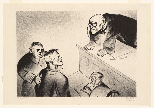 Bald judge angrily leans over the bench while a blindfolded defendant stands guarded and a clerk writes.