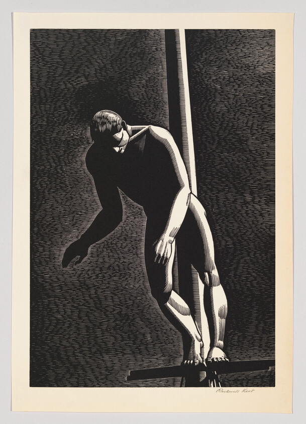 A black and white illustration depicting a figure in a tight-fitting outfit leaning forward with one hand extended, as if in motion or preparing to run. The background consists of dense, dark cross-hatching, and a vertical pole is positioned directly behind the figure. The artwork is signed "Rockwell Kent" at the bottom right.