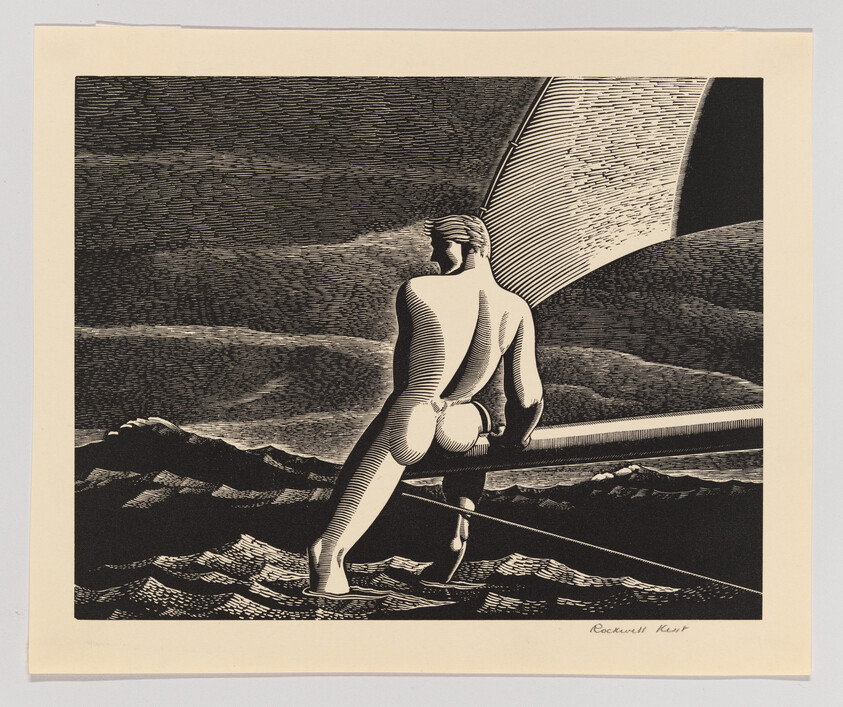 A black and white woodcut print by Rockwell Kent depicting a muscular man in a striped swimsuit standing on a rocky shore, looking out to sea with a large sailboat in the background. The sky is filled with stylized, wavy lines suggesting wind or movement. The artist's signature is visible in the bottom right corner.