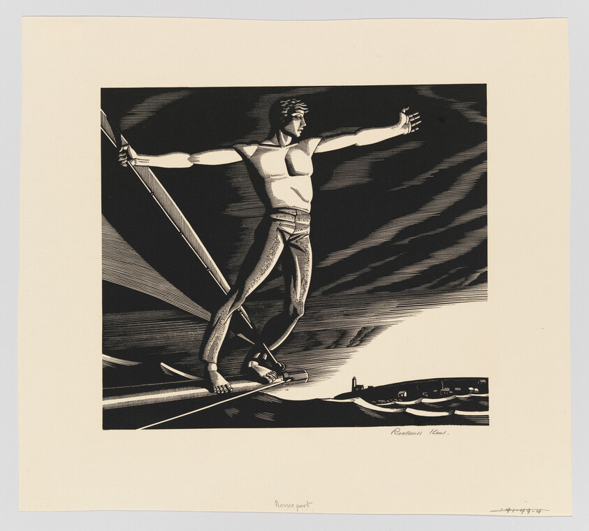 A black and white illustration depicting a stylized man with outstretched arms standing at the prow of a ship, with dramatic light and shadow contrasts suggesting night or stormy weather. The man appears to be in a heroic or triumphant pose, reminiscent of classical figures. There are handwritten inscriptions at the bottom.