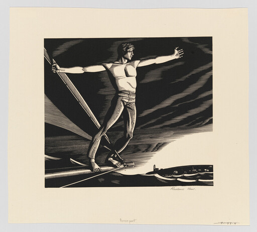 A shirtless man balances on a ship's spar with arms outstretched above the sea.