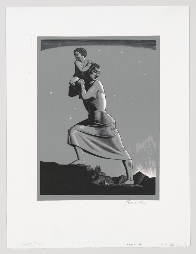 A black and white illustration depicting a woman in a flowing dress carrying a child on her back. She stands on a rocky outcrop under a starry night sky. The artwork, titled "Night Flight," has a dramatic and serene quality, with the stars adding a touch of brightness to the dark scene.