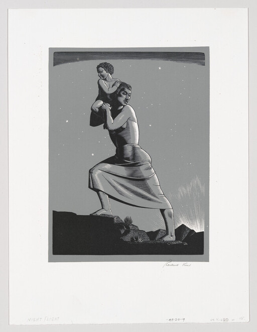 Woman carries a child on her shoulders while stepping across rocky ground under a starry sky.