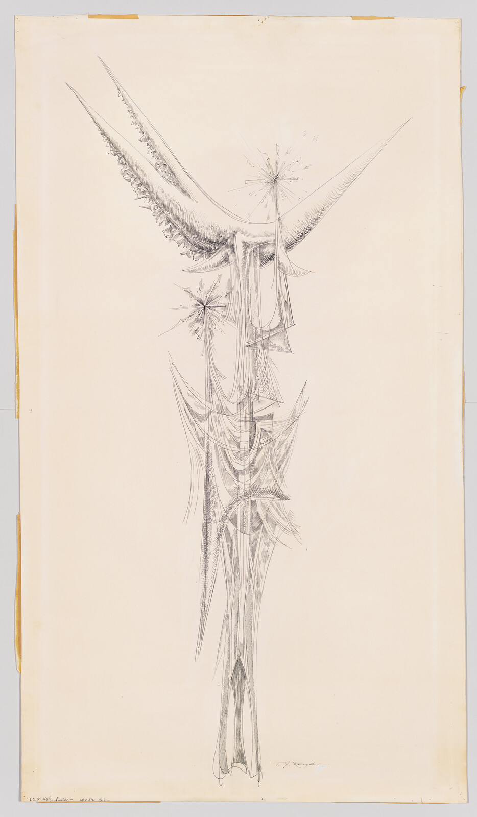 Tall pencil sketch of an abstract vertical structure with sweeping curved forms and spiky starbursts.