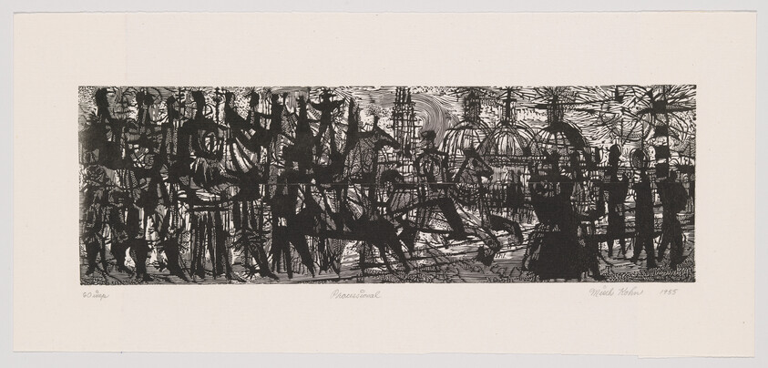 Crowded procession of dark silhouetted figures moving past domed buildings under a textured sky.