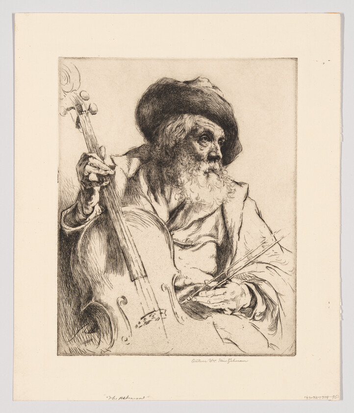 An elderly bearded man wearing a hat plays a cello while holding the bow.