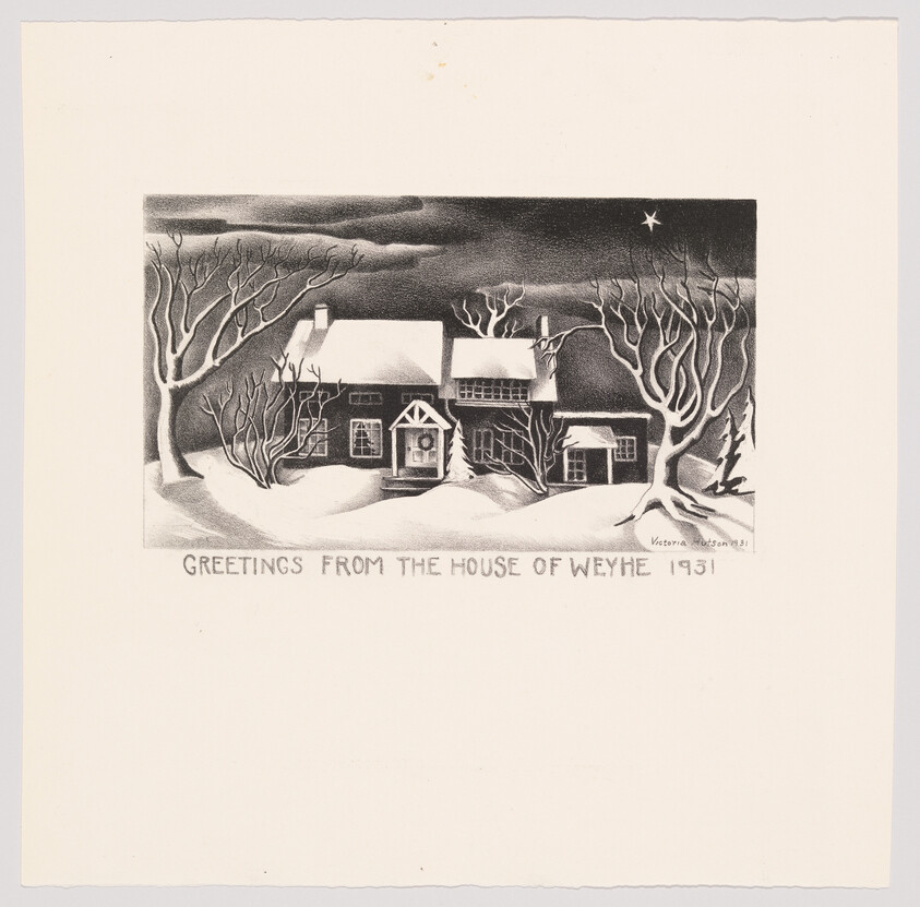 Vintage 1931 greeting card illustration showing a snowy scene with a house and bare trees under a night sky with a single star.