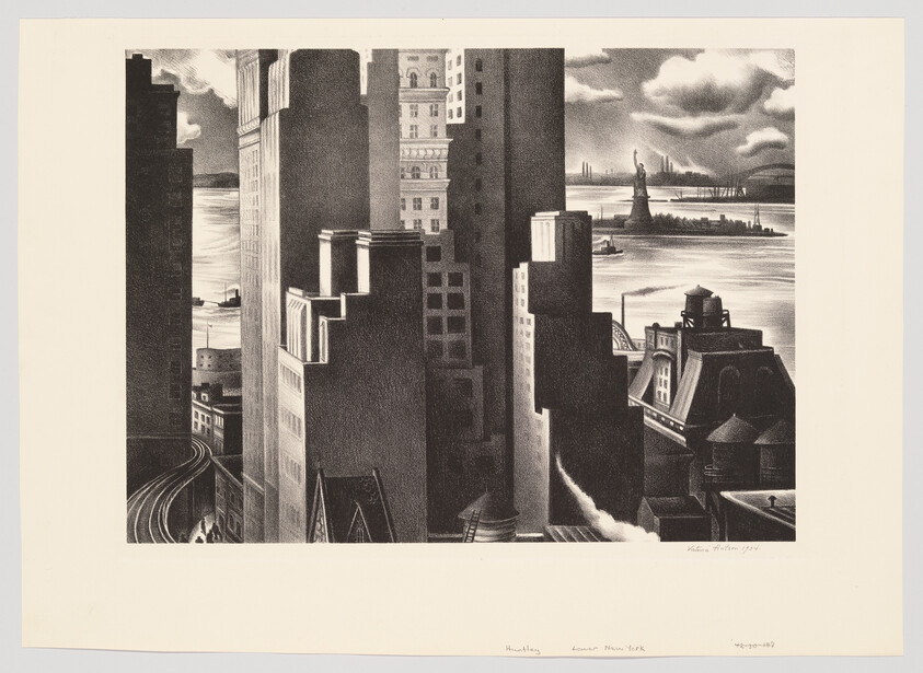 Tall city skyscrapers overlook the waterfront with the Statue of Liberty visible in the distance.