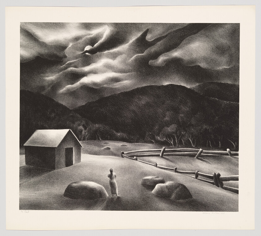 A lone woman stands between rocks near a small barn under a dramatic moonlit sky.