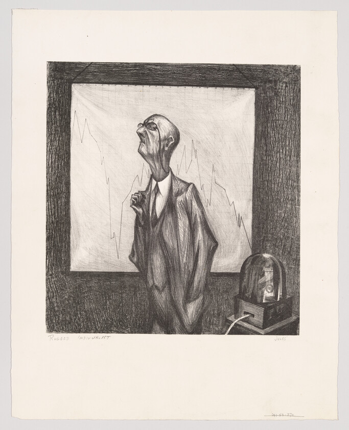 Thin suited man stands before a falling stock chart, looking upward with a tense expression.