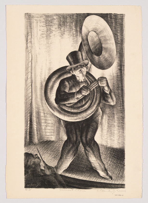 A man in a top hat plays a large sousaphone while a conductor lies nearby.