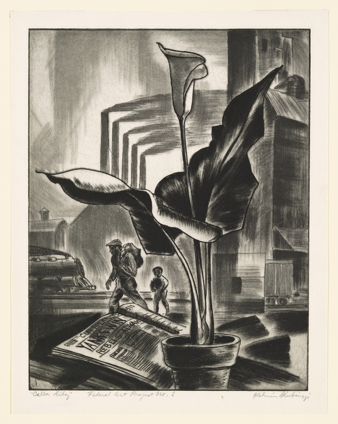 A black and white lithograph depicting a large calla lily in a pot in the foreground with a stylized urban backdrop. Two small figures, one carrying a sack over their shoulder, appear to be walking on a newspaper titled "NY Times" that leads towards the cityscape. The artwork is signed at the bottom with the text "Calla Lily" and "Federal Art Project No. 1" alongside the artist's signature.