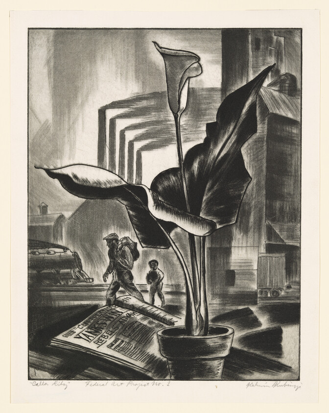 Large potted calla lily on a table with a newspaper, industrial workers walking in the background.
