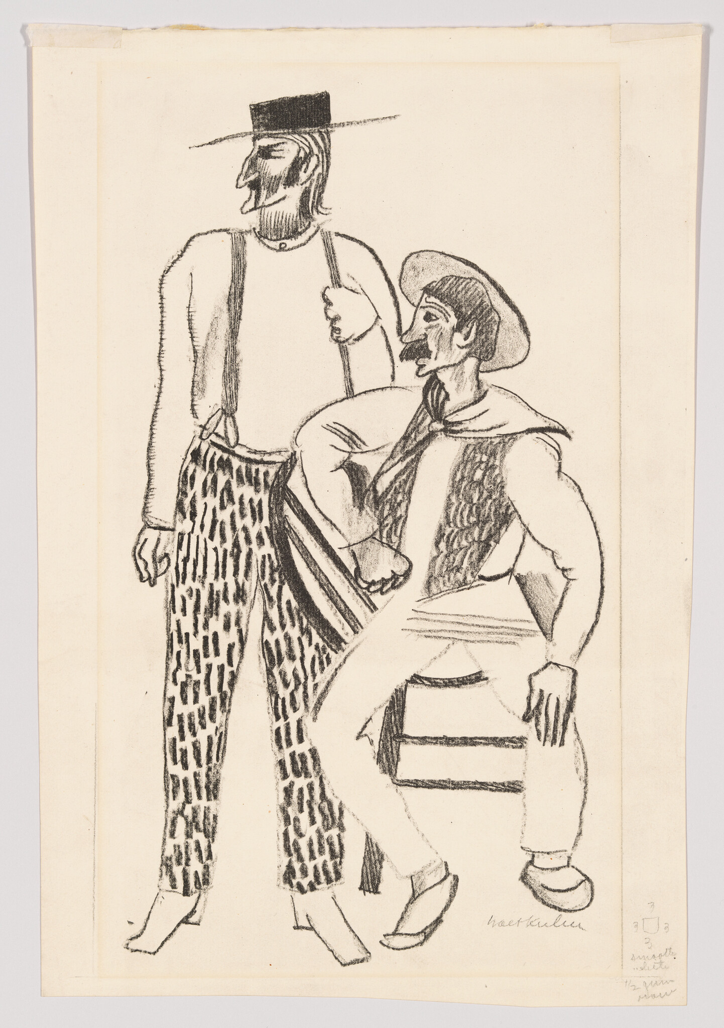 Two men wearing hats and patterned pants, one standing with suspenders and one seated confidently.