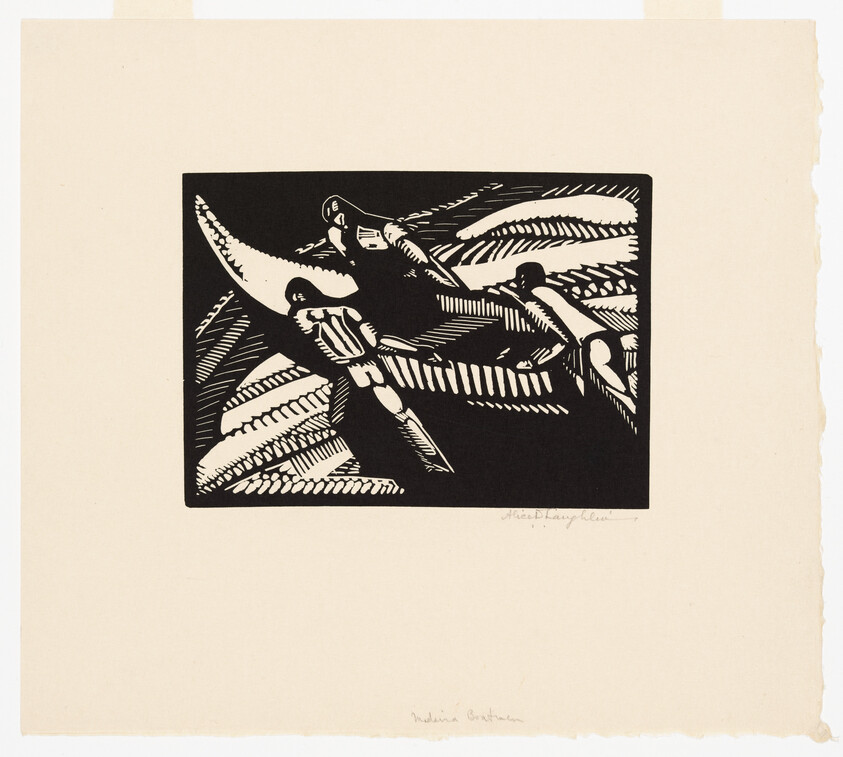 A black and white linocut print depicting two stylized birds in flight among foliage, with bold contrasting lines and shapes. The artwork is centered on a beige paper with rough edges, and there are signatures at the bottom right of the print and on the paper below it.