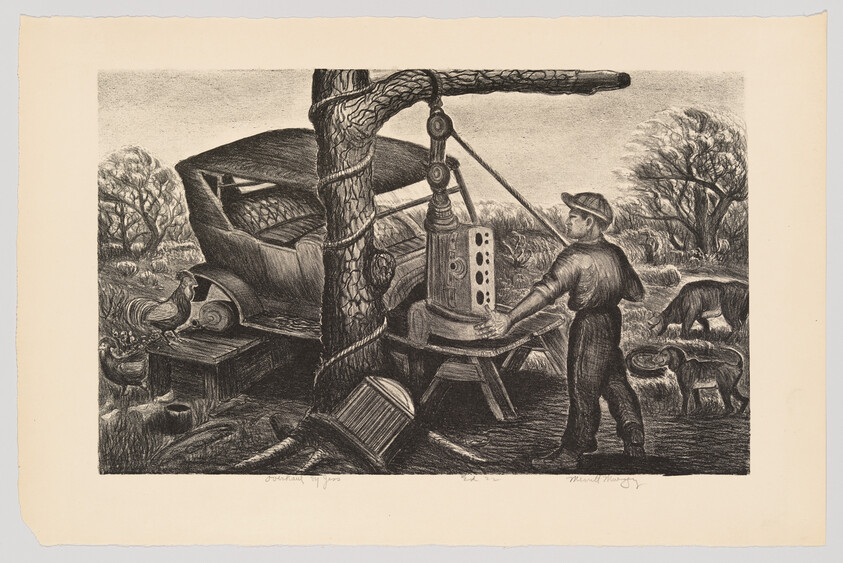 A man operates a hand-cranked well drilling rig tied to a tree while animals graze nearby.