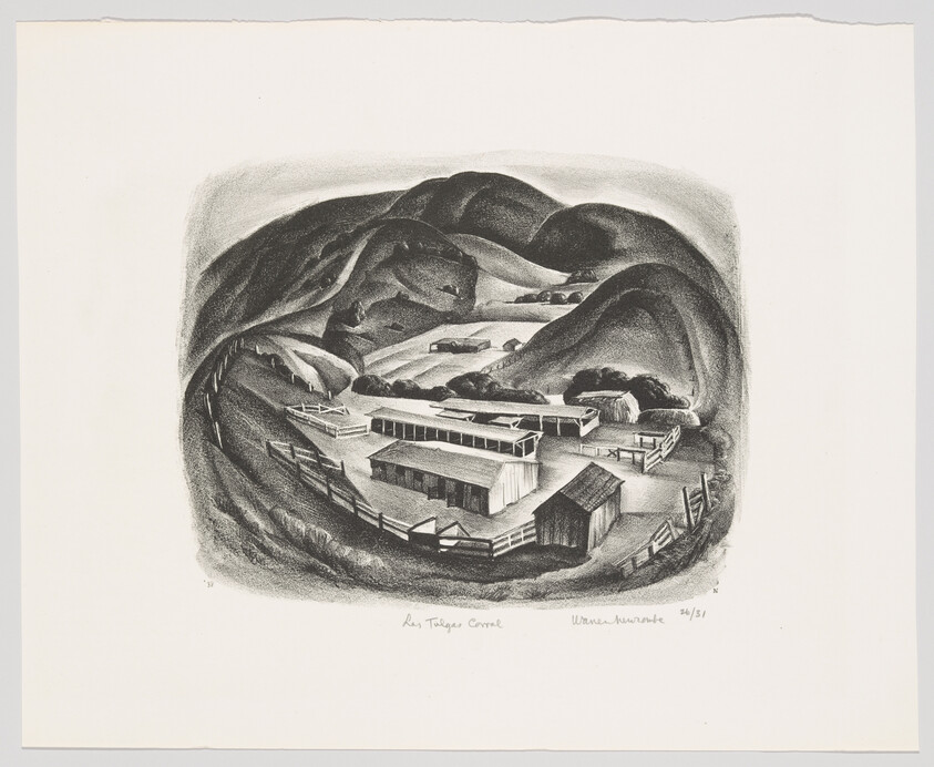 A charcoal-style drawing of a small farm with barns and fenced pens surrounded by rolling hills.