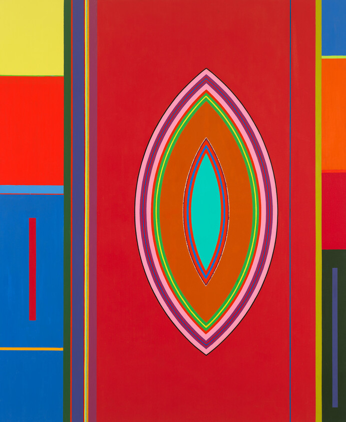 A bright abstract painting with concentric, eye-shaped ovals centered on a red background.