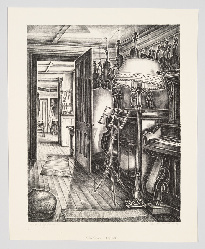 A music room with violins hanging on the wall, a music stand, piano, and open door.