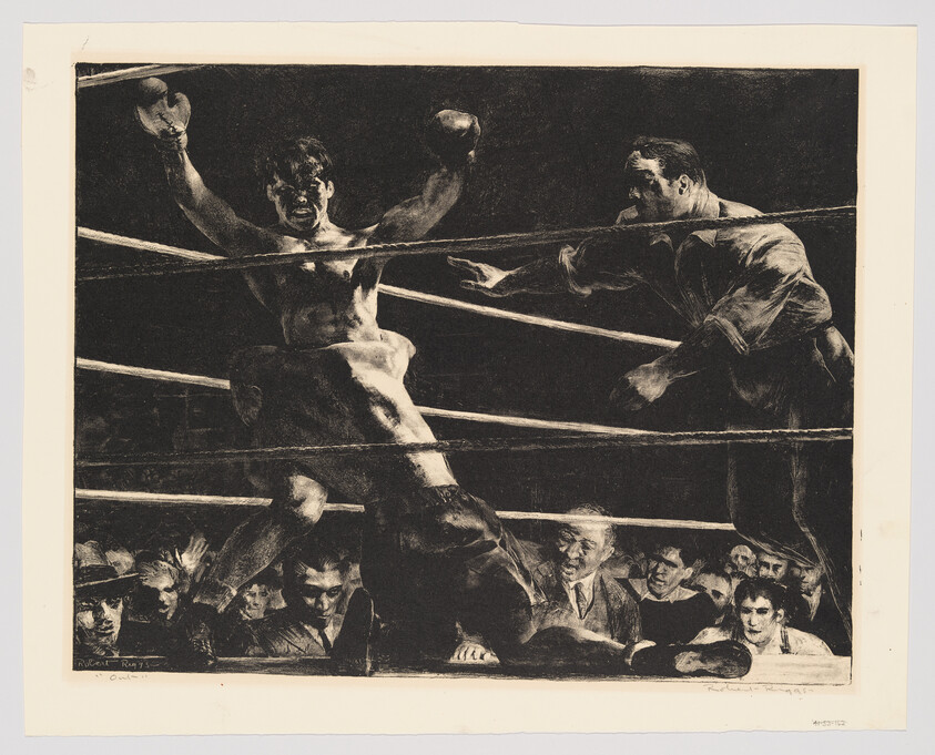 Boxer raises his arms in victory while opponent lies on the canvas and referee reaches in.