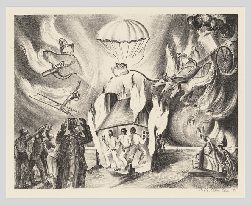 Three men carry a burning house while onlookers flee and parachutes descend from the sky.