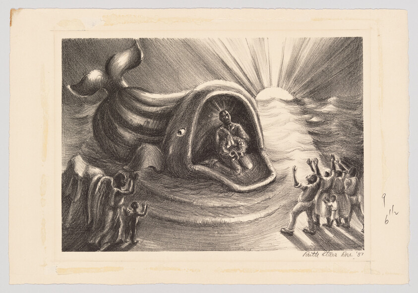 A large whale with its mouth open holds a seated man as shore people reach toward it under bright rays.