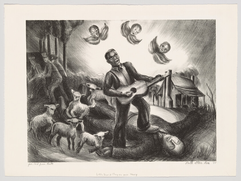 A man stands on another man while playing a guitar as lambs gather and cherubs float above.