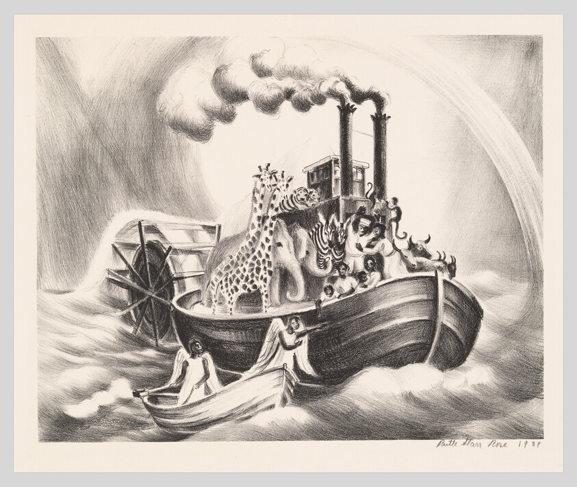 A large steam-powered boat carrying animals and people rides rough waves under a cloudy sky.
