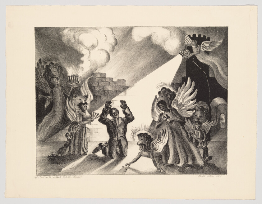 Two men kneel and pray as angels surround them and a bright beam of light shines down.