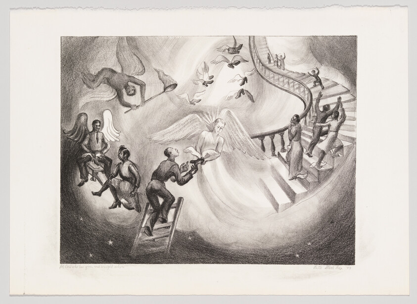 An angel offers a dove to a man on a ladder while others ascend a spiral staircase.
