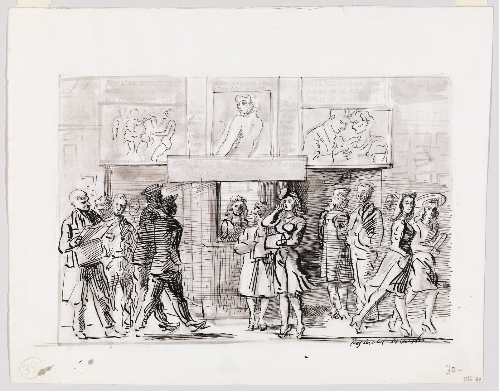 A crowd waits at a theater box office while women in dresses chat and passersby walk by.