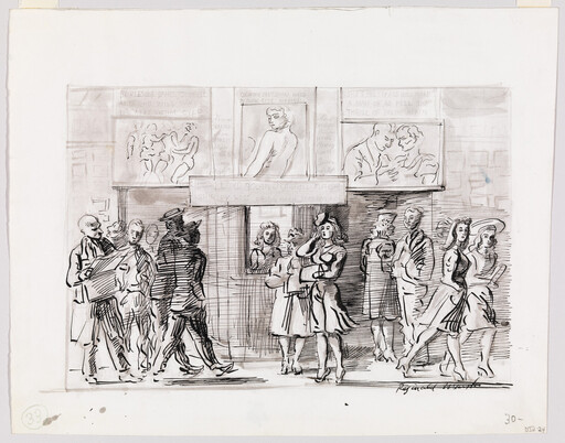 A crowd waits at a theater box office while women in dresses chat and passersby walk by.